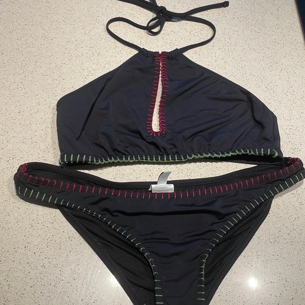 Lucky Brand Black Bikini with Pink and Green Stitching